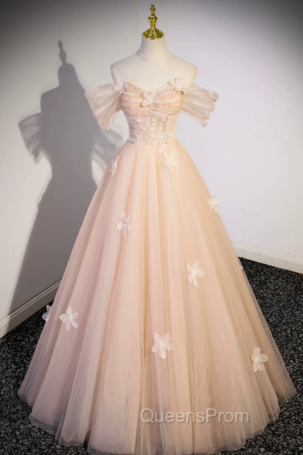 Cute Flowers Tulle Long Evening Dress, Off Shoulder Evening Dress Main image
