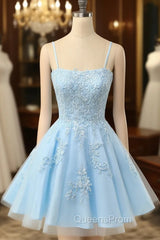 Cute Glitter Blue Homecoming Dress A Line Sequins Short Evening Prom Dress with Appliques
