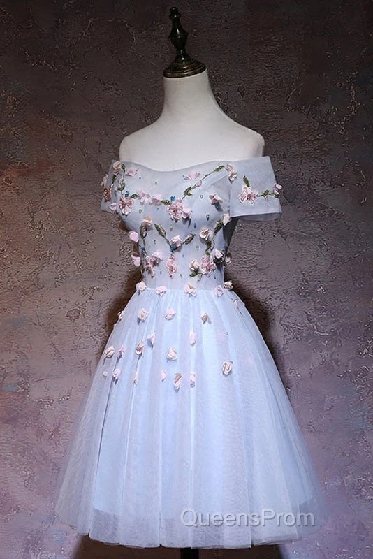 Cute Gray Blue Tulle Short Evening Prom Dress, Off The Shoulder Homecoming Dress Secondary image
