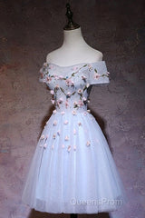 Cute Gray Blue Tulle Short Evening Prom Dress, Off The Shoulder Homecoming Dress
