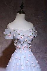 Cute Gray Blue Tulle Short Evening Prom Dress, Off The Shoulder Homecoming Dress