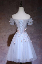 Cute Gray Blue Tulle Short Evening Prom Dress, Off The Shoulder Homecoming Dress