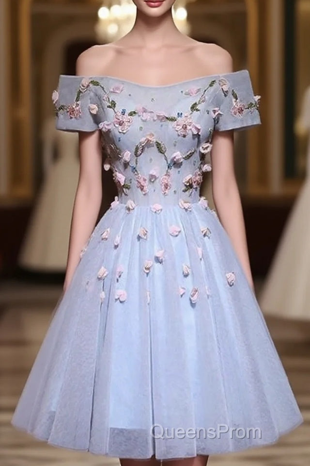 Cute Gray Blue Tulle Short Evening Prom Dress, Off The Shoulder Homecoming Dress Main image