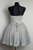 Cute Gray Tulle Lace Short Evening Prom Dress, Gray Homecoming Dress