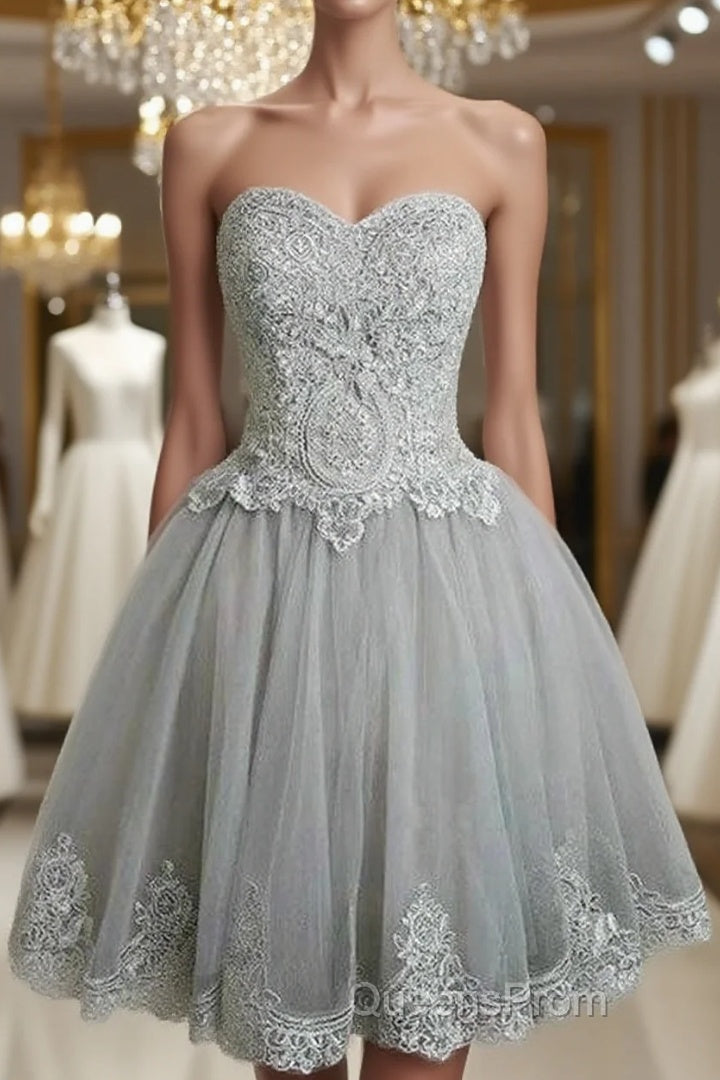 Cute Gray Tulle Lace Short Evening Prom Dress, Gray Homecoming Dress Main image