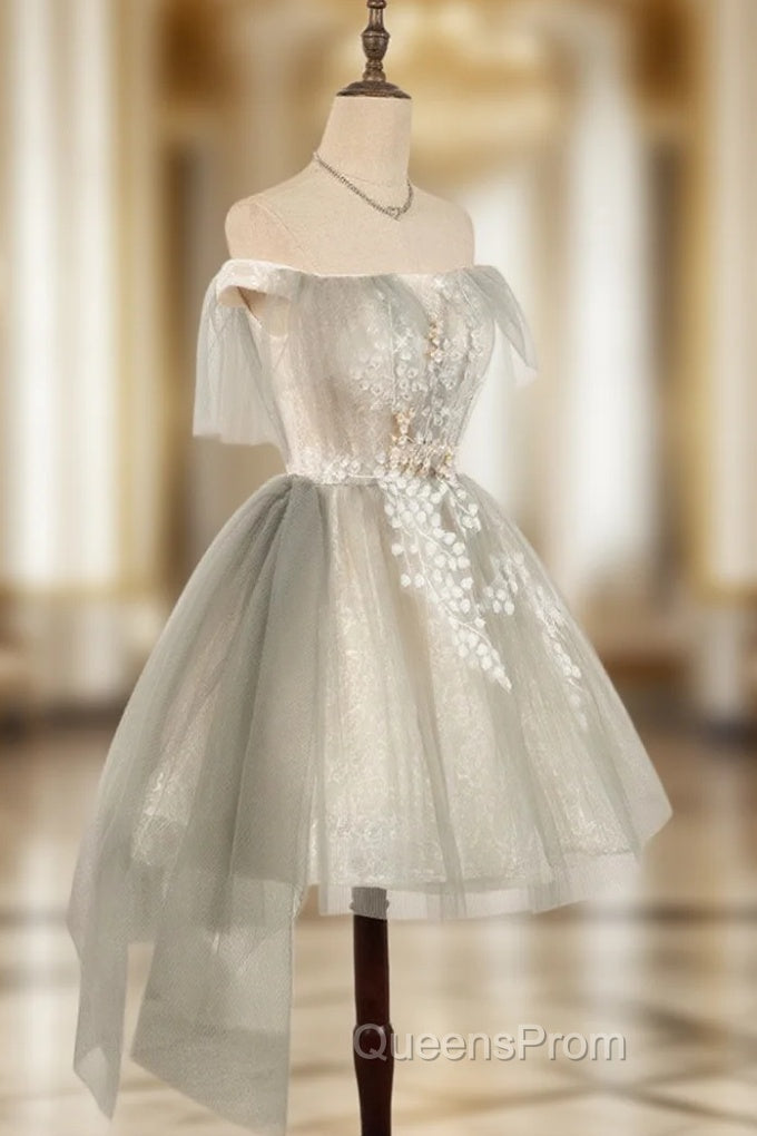 Cute Gray Tulle Lace Short Evening Prom Dress, Gray Tulle Puffy Homecoming Dress Main image