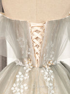 Cute Gray Tulle Lace Short Evening Prom Dress, Gray Tulle Puffy Homecoming Dress