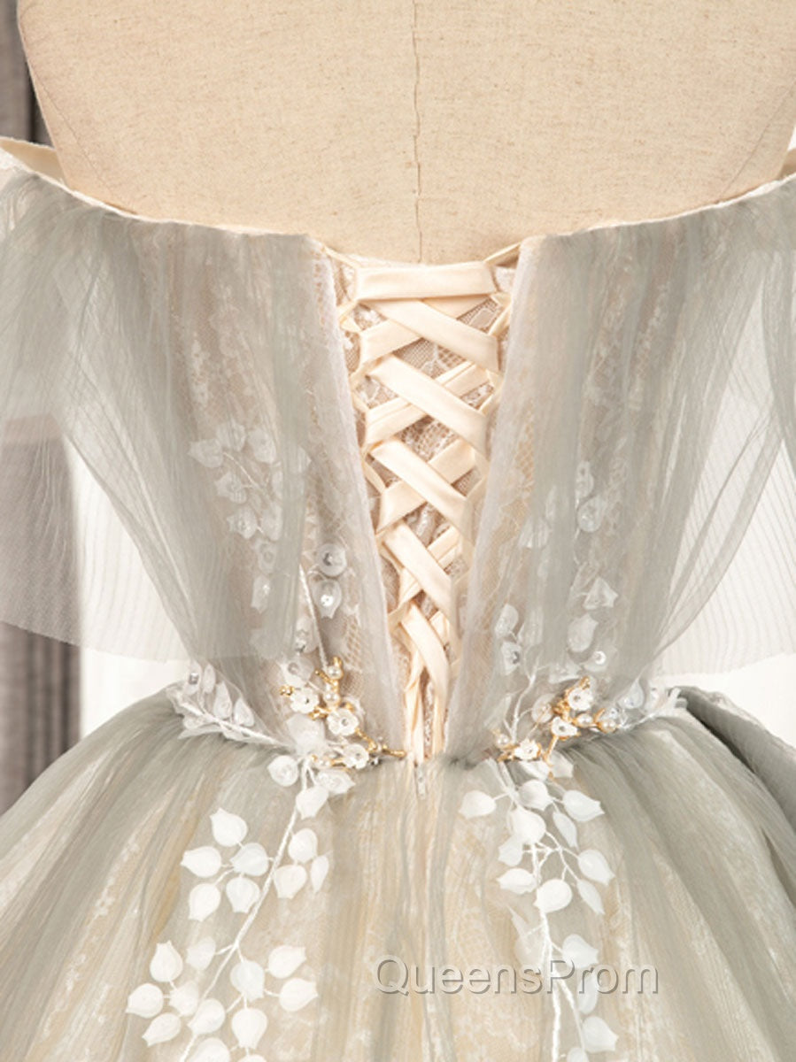 Cute Gray Tulle Lace Short Evening Prom Dress, Gray Tulle Puffy Homecoming Dress