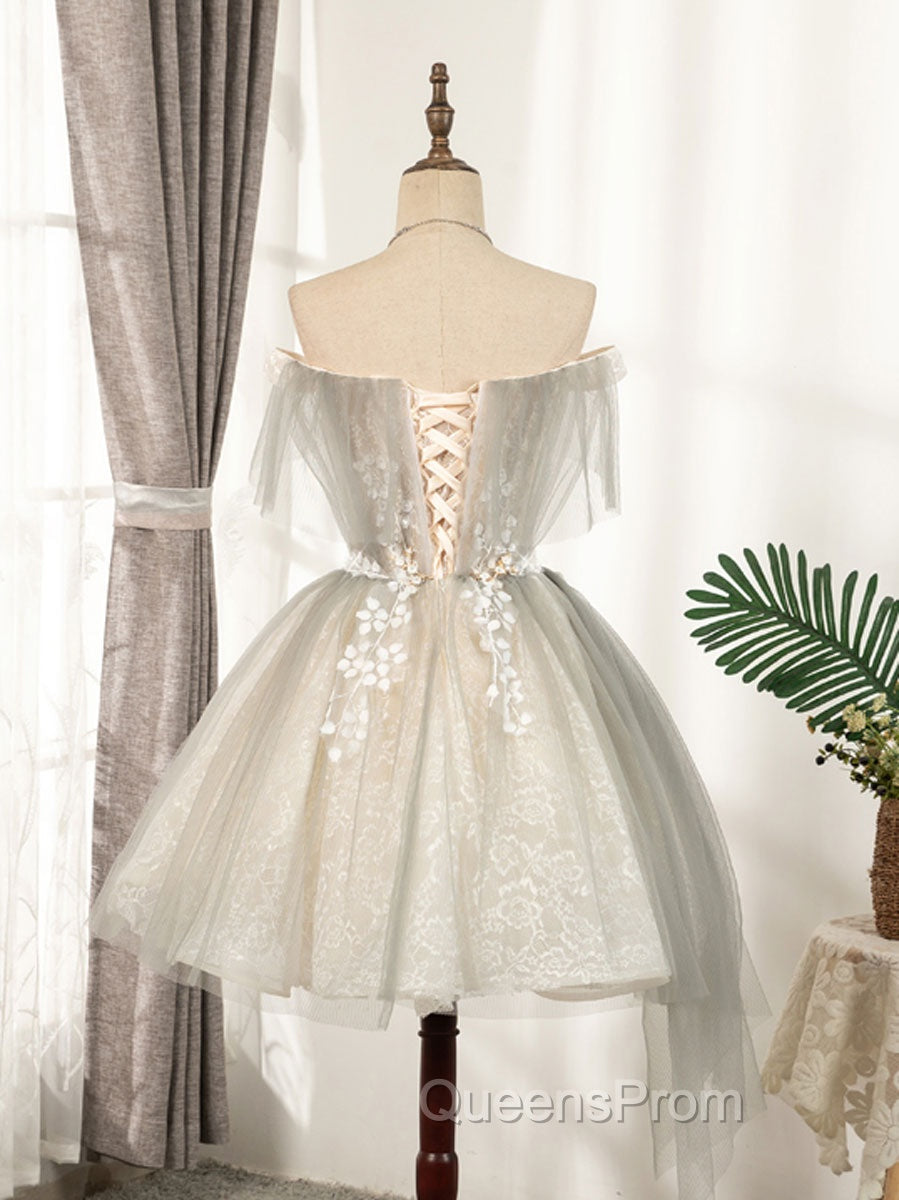 Cute Gray Tulle Lace Short Evening Prom Dress, Gray Tulle Puffy Homecoming Dress