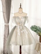Cute Gray Tulle Lace Short Evening Prom Dress, Gray Tulle Puffy Homecoming Dress