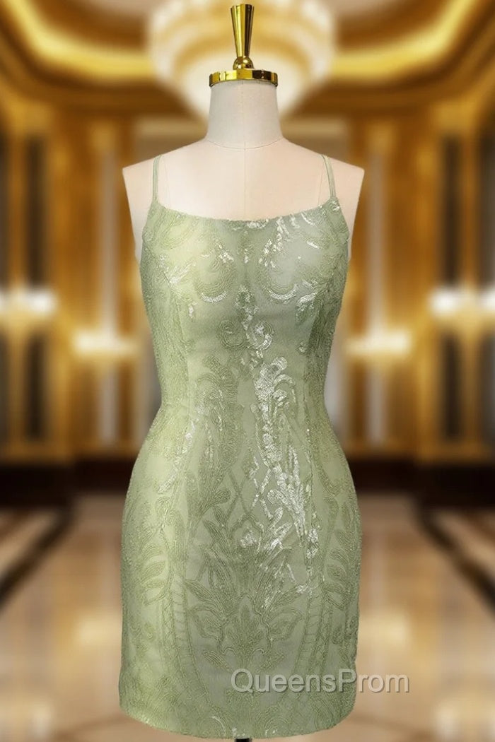 Cute Green Spaghetti straps  Lace Up Sequined Homecoming Party Dress