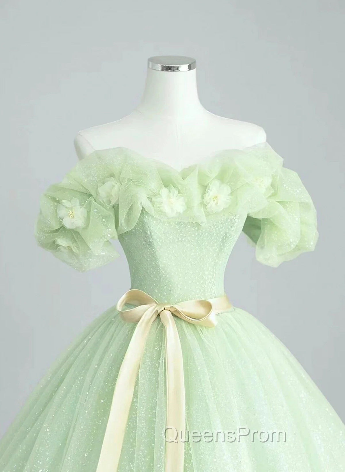 Cute Green Tulle Ball Gown Sweetheart Party Dress, Green Shiny Tulle Evening Prom Dress