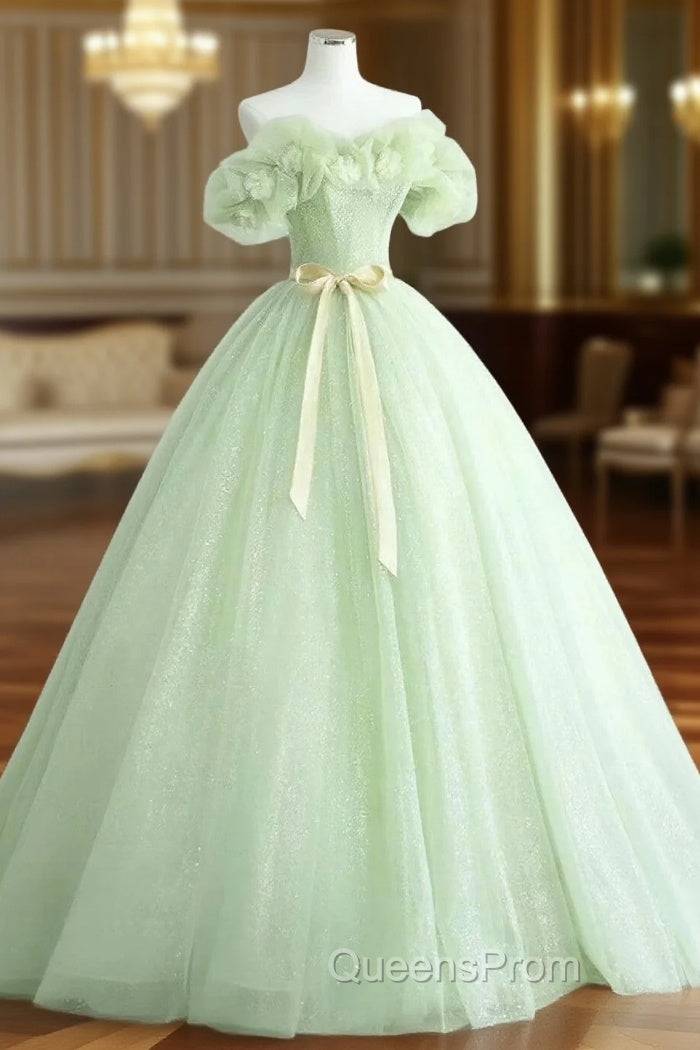 Cute Green Tulle Ball Gown Sweetheart Party Dress, Green Shiny Tulle Evening Prom Dress Main image