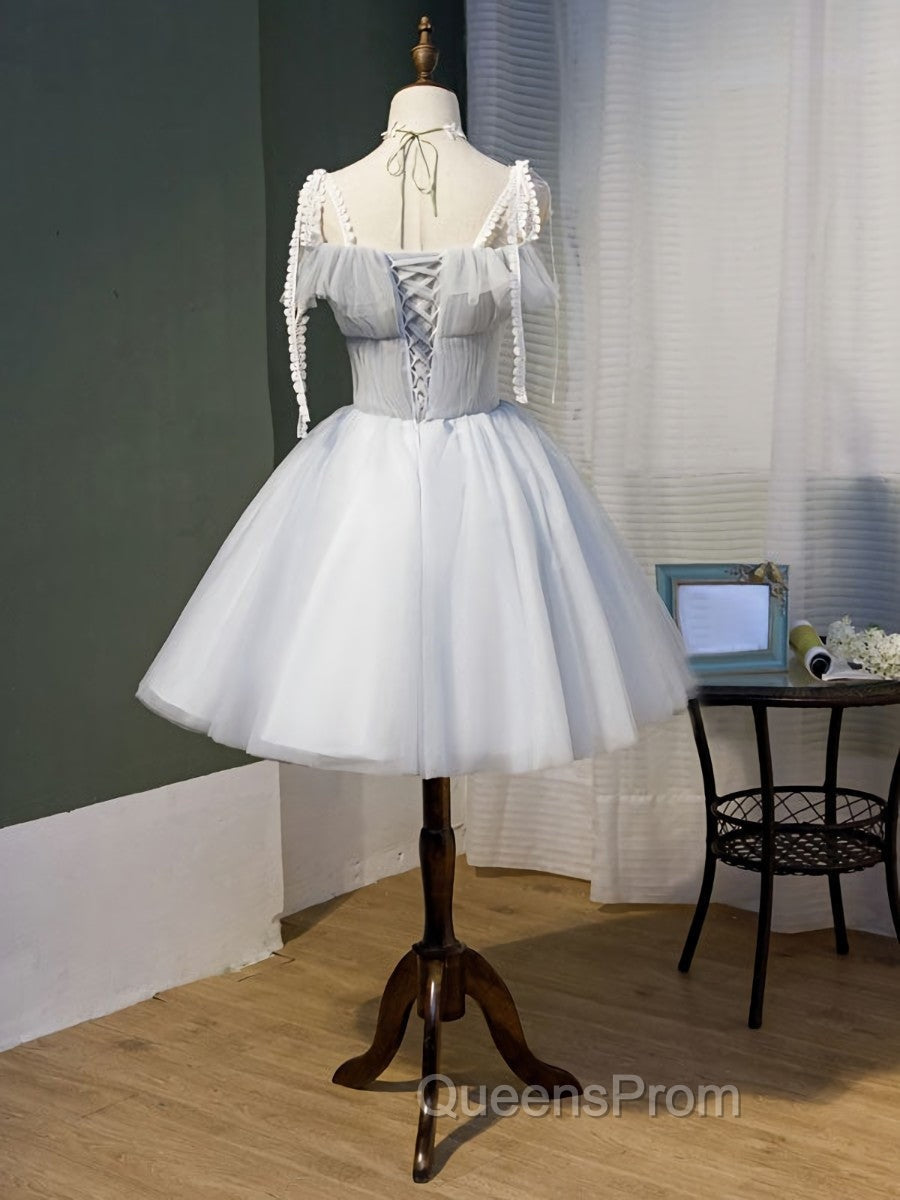 Cute Grey Tulle Straps Short Homecoming Dress Grey Party Dress, Tulle Bridesmaid Dress
