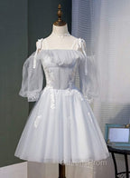 Cute Grey Tulle Straps Short Homecoming Dress Grey Party Dress, Tulle Bridesmaid Dress