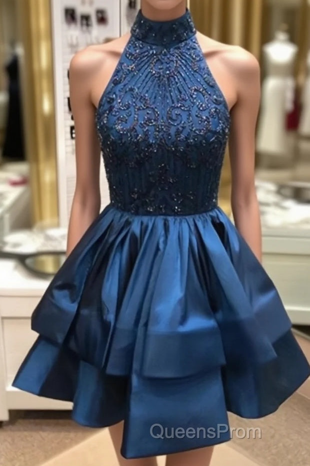 Cute High-Neck Sequin Beaded Short Blue Evening Prom Dress, Blue Homecoming Dress Main image