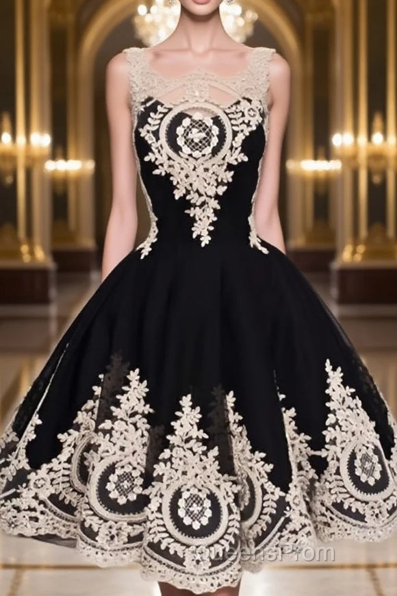 Cute Lace Applique Black Short Evening Prom Dress, Lace Applique Homecoming Dress Main image