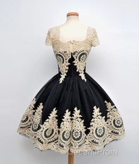 Cute Lace Applique Black Short Evening Prom Dress, Lace Applique Homecoming Dress