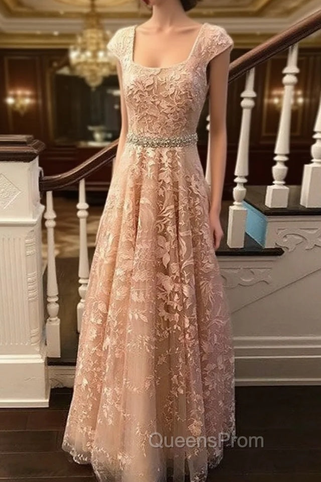 Cute Lace Champagne Evening Prom Dress, Lace Evening Dress Main image