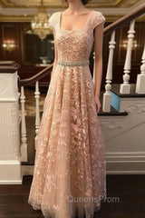 Cute Lace Champagne Evening Prom Dress, Lace Evening Dress