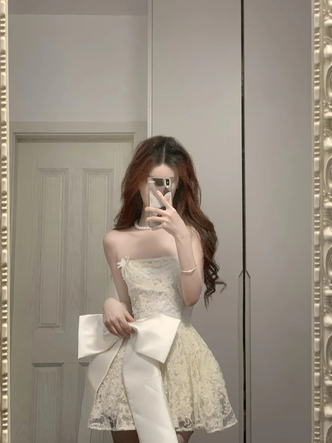 Cute Lace Pearl Bow Strapless A-Line Mini 17Th Birthday Homecoming Dress Secondary image