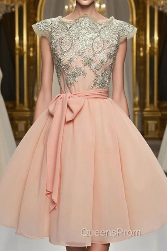 Cute Lace Pink Short Evening Prom Dress, Lace Pink Homecoming Dress, Pink Short Formal Dress Main image