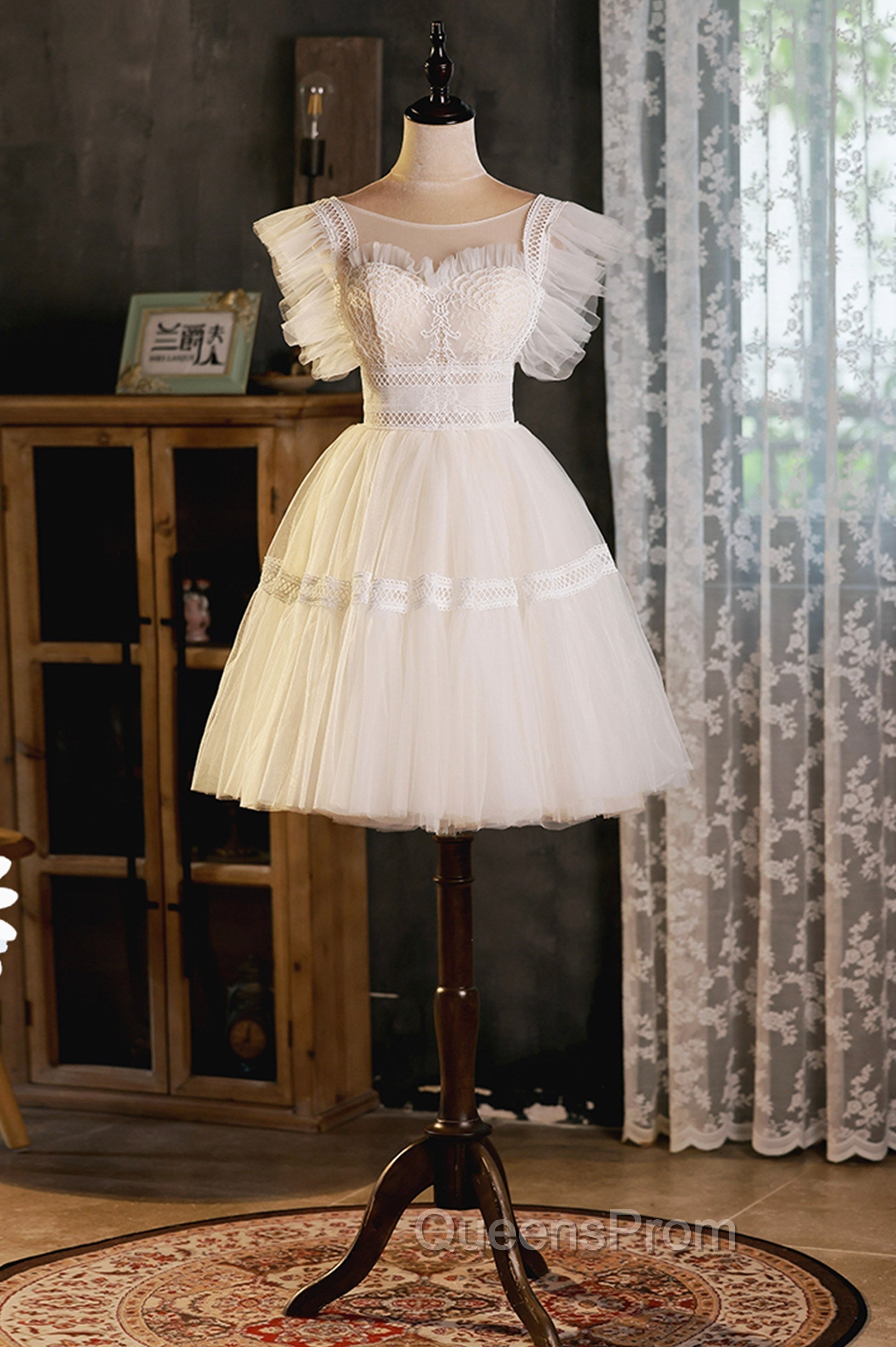 Cute Lace Short A-Line Evening Prom Dress, Champagne Mini Homecoming Party Dress Secondary image