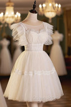 Cute Lace Short A-Line Evening Prom Dress, Champagne Mini Homecoming Party Dress