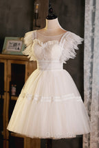 Cute Lace Short A-Line Evening Prom Dress, Champagne Mini Homecoming Party Dress