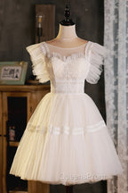 Cute Lace Short A-Line Evening Prom Dress, Champagne Mini Homecoming Party Dress
