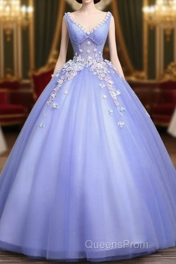 Cute Lavender Tulle Ball Gown V-Neckline Sweet 16 Dress, Light Purple Formal Dress Main image