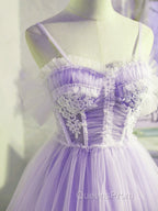 Cute Lavender Tulle Short Straps Homecoming Dresss, Tulle Sweetheart Evening Prom Dress