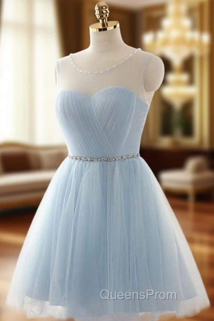 Cute Light Blue Homecoming Dress With Belt, Lovely Short Evening Prom Dress
