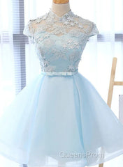 Cute Light Blue Tulle With Lace Party Dress , Beautiful Short Classical Formal Dress
