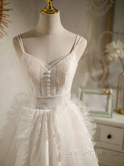 Cute Light Champagne Lace Tulle Short Evening Prom Dress, Puffy Homecoming Dress
