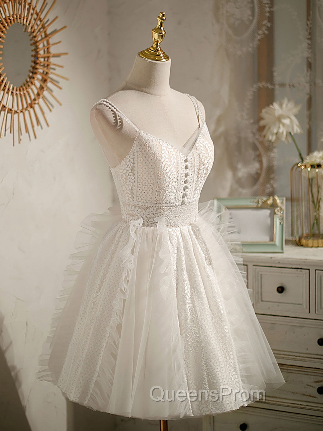 Cute Light Champagne Lace Tulle Short Evening Prom Dress, Puffy Homecoming Dress