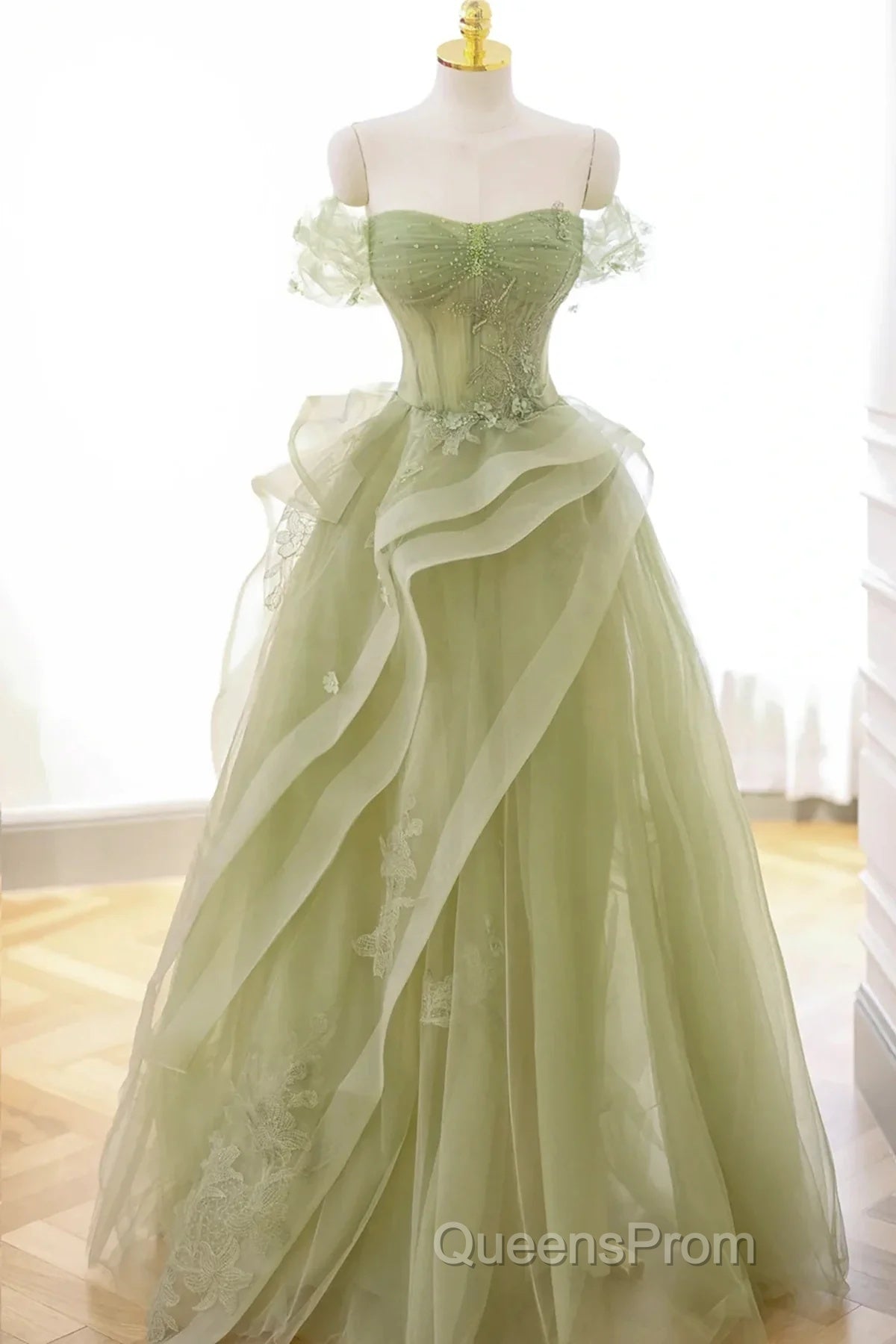 Cute Light Green A-Line Beaded Tulle Party Dress, Light Green Long Evening Prom Dress Secondary image