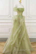 Cute Light Green A-Line Beaded Tulle Party Dress, Light Green Long Evening Prom Dress