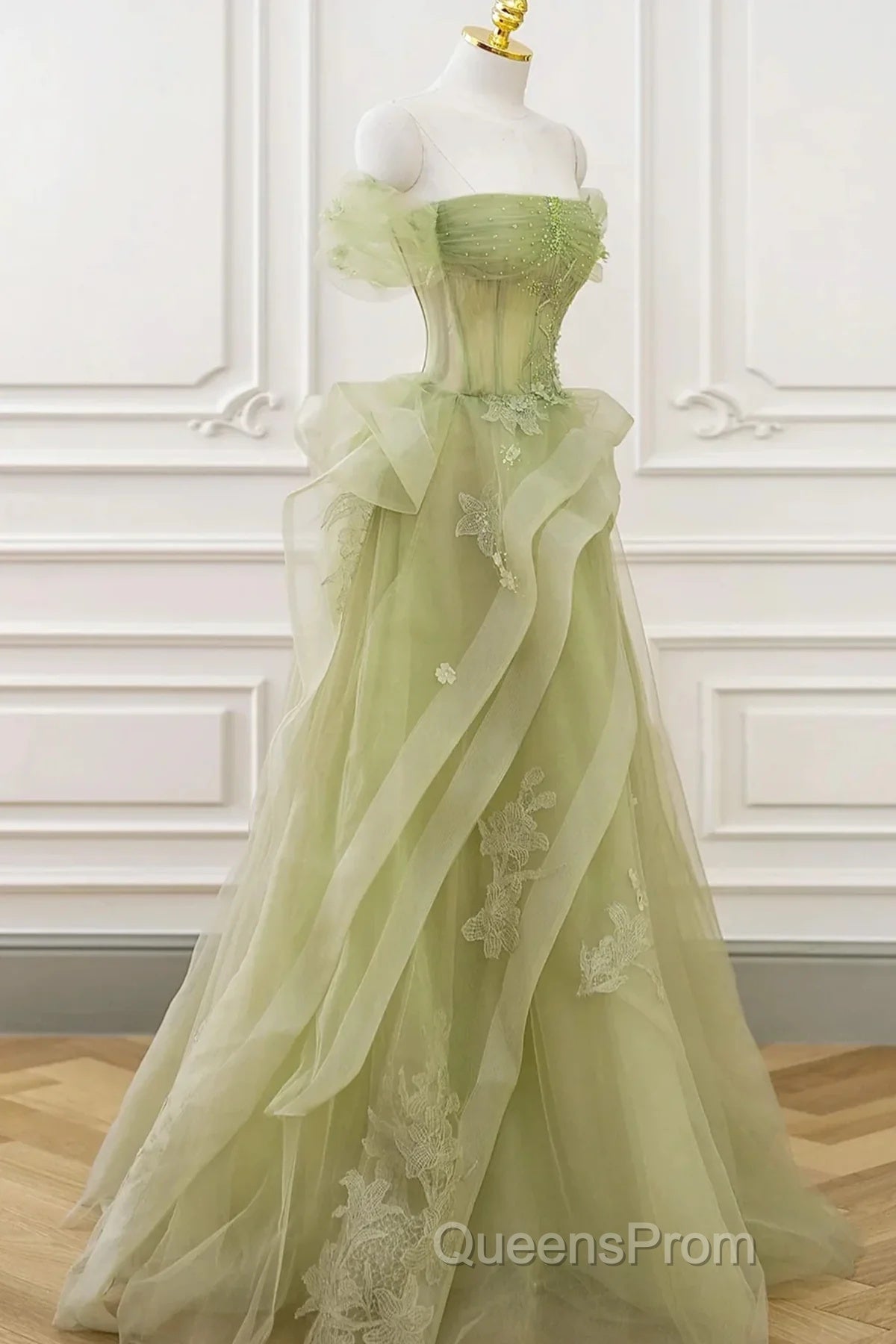 Cute Light Green A-Line Beaded Tulle Party Dress, Light Green Long Evening Prom Dress