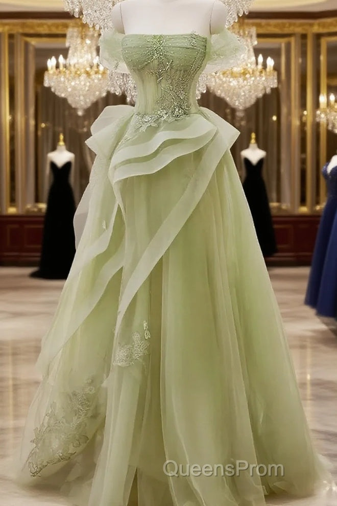 Cute Light Green A-Line Beaded Tulle Party Dress, Light Green Long Evening Prom Dress Main image