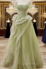 Cute Light Green A-Line Beaded Tulle Party Dress, Light Green Long Evening Prom Dress