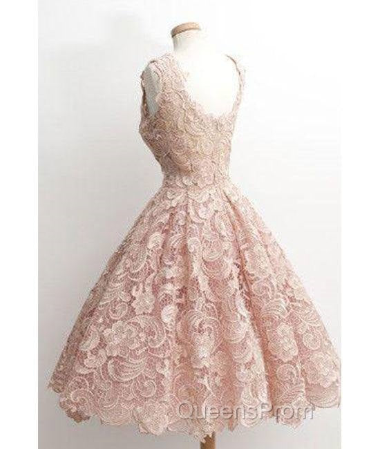 Cute Light Pink Lace Short Evening Prom Dress, Lace Bridesmaid Dress Secondary image