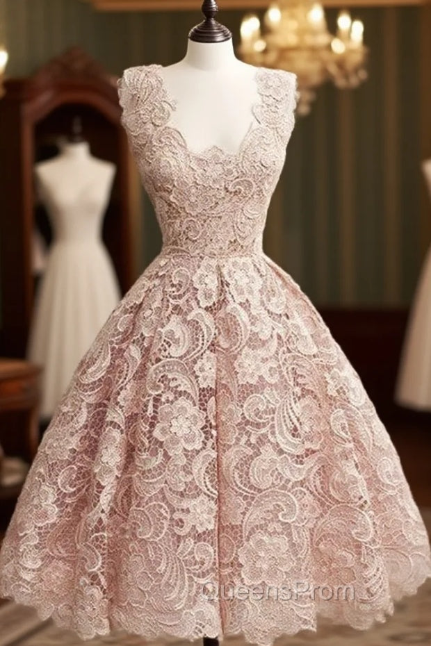 Cute Light Pink Lace Short Evening Prom Dress, Lace Bridesmaid Dress Main image