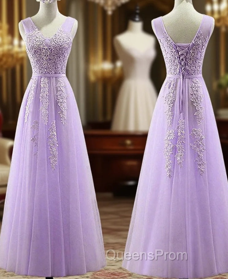 Cute Light Purple Tulle with Lace V-neckline Evening Prom Dress, Long Evening Gown Evening Dress Secondary image