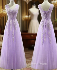 Cute Light Purple Tulle with Lace V-neckline Evening Prom Dress, Long Evening Gown Evening Dress