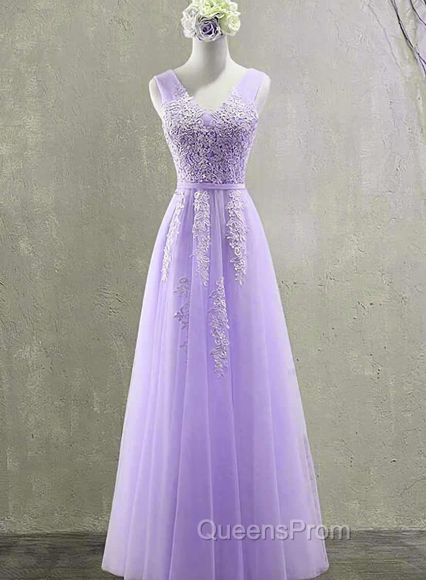 Cute Light Purple Tulle with Lace V-neckline Evening Prom Dress, Long Evening Gown Evening Dress Main image