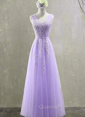 Cute Light Purple Tulle with Lace V-neckline Evening Prom Dress, Long Evening Gown Evening Dress