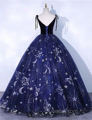 Cute Navy Blue Ball Gown V-Neckline Party Dress, Navy Blue Sweet 16 Dress