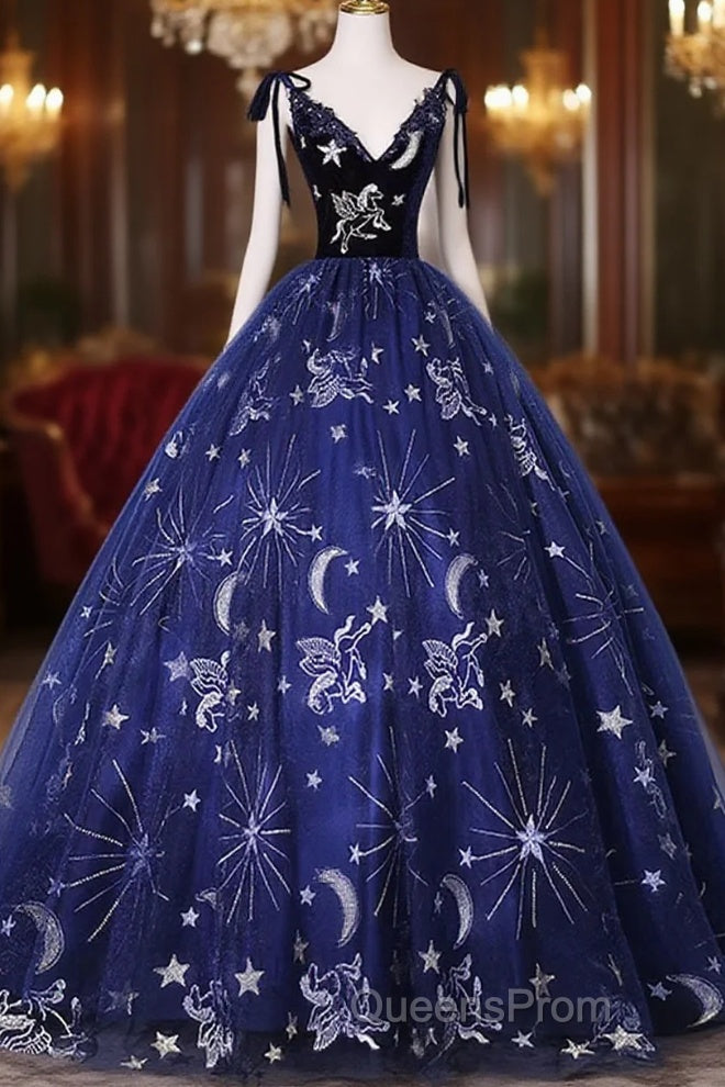 Cute Navy Blue Ball Gown V-Neckline Party Dress, Navy Blue Sweet 16 Dress Main image
