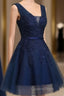 Cute Navy Blue Knee Length Lace Applique Party Dress, Homecoming Dress